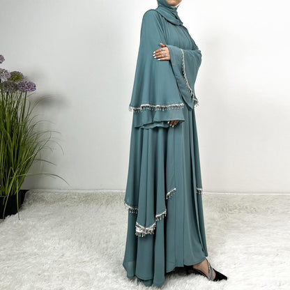 Diamond Beaded Fringe Flare Sleeve Chiffon Maxi Abaya Set (MOA148)