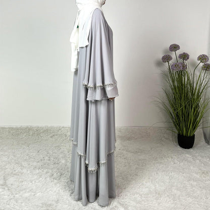 Diamond Beaded Fringe Flare Sleeve Chiffon Maxi Abaya Set (MOA148)