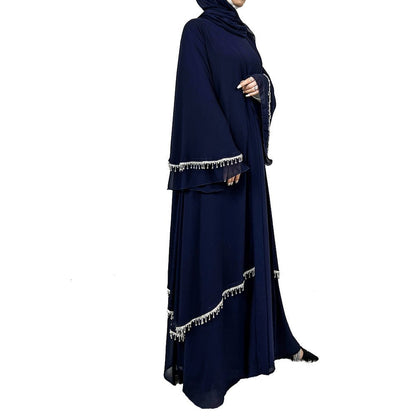 Diamond Beaded Fringe Flare Sleeve Chiffon Maxi Abaya Set (MOA148)