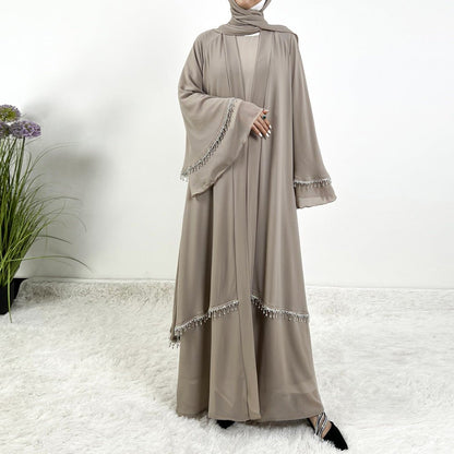 Diamond Beaded Fringe Flare Sleeve Chiffon Maxi Abaya Set (MOA148)