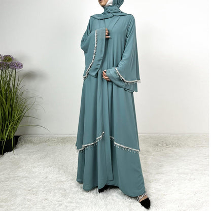 Diamond Beaded Fringe Flare Sleeve Chiffon Maxi Abaya Set (MOA148)