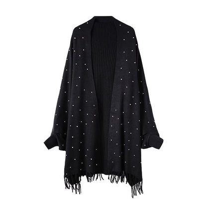 Diamond Embellished Cape Cardigan | Fringe Trim Knit Shawl Sweater(MS211)