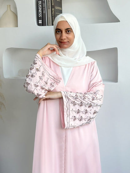 Diamond Glow Abaya Collection | Luxury Modest Fashion White & Blush Pink Embroidered Robes with Floral Sleeves (MOA205)
