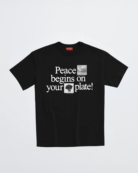 Don't Eat The Homies Peace Begins On Your Plate T-shirt, front view showing bold black graphic and text on white cotton tee.