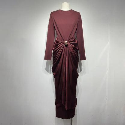Draped Satin Skirt Dress with Jeweled Brooch(MS321)