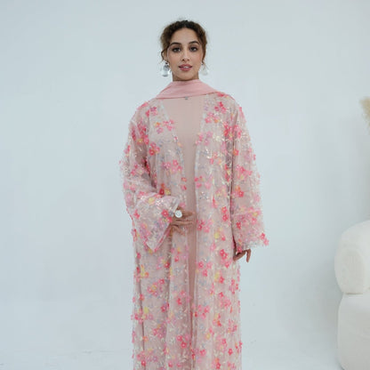 Dreamy 3D Flower Mesh Open Abaya Set(MOA313)