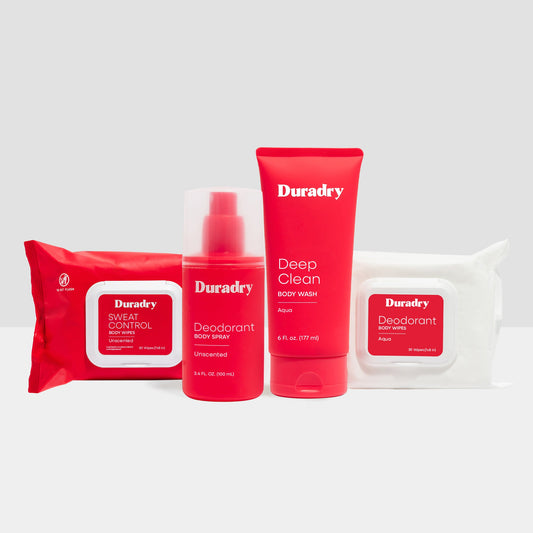 Duradry Body Care Starter Kit with assorted toiletries and skincare products for body hygiene and moisturizing.