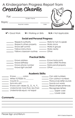 SHAPES ETC.  Notes from Teachers - Creative Charlie Kindergarten Progress Report