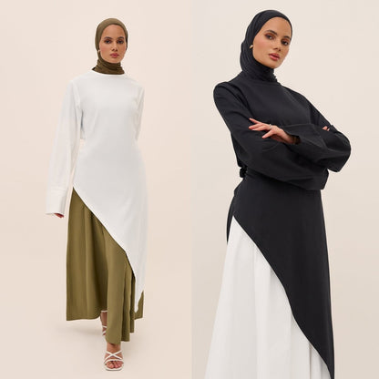 Elegant Asymmetric Top & Maxi Skirt Set | Cotton Linen Two-Piece Outfit (MS184)