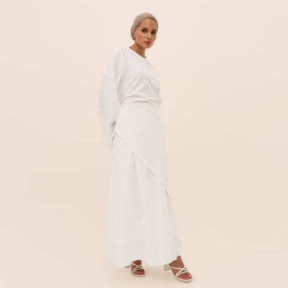 Elegant Asymmetric Top & Maxi Skirt Set | Cotton Linen Two-Piece Outfit (MS184)