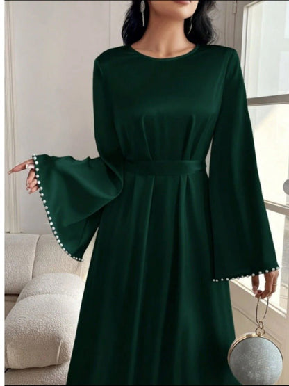 Elegant Beaded Pear Long Sleeve Maxi Dress Abaya with Flared Cuffs & Waist Tie (MA200)