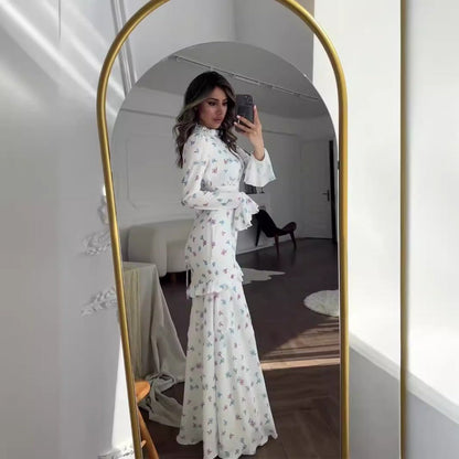 Elegant Bell Sleeve Romantic White Floral Ruffle Maxi Gown Abaya with Cascading Hem (MA226)