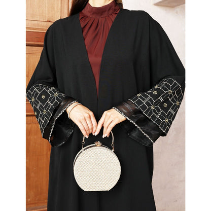 Elegant Brown & Black Bat Sleeve Robe Abaya | Gold Thread Embroidered Maxi Dress with Detachable Belt(MOA215)