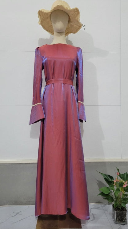 Elegant Burgundy Glitter Satin Long Sleeve Ball Gown with Flared Cuffs (MA223)
