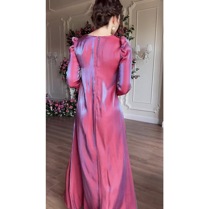 Elegant Burgundy Glitter Satin Long Sleeve Ball Gown with Flared Cuffs (MA223)