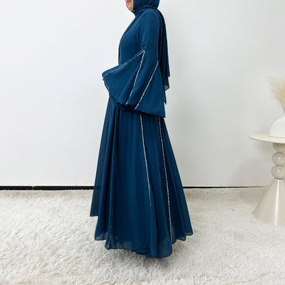 Elegant Chiffon Abaya Set with Hijab | Round Neck Bell Sleeve Maxi Dress with Rhinestone Trim (MA325)