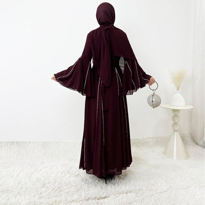 Elegant Chiffon Abaya Set with Hijab | Round Neck Bell Sleeve Maxi Dress with Rhinestone Trim (MA325)
