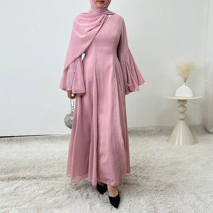 Elegant Chiffon Abaya Set with Hijab | Round Neck Bell Sleeve Maxi Dress with Rhinestone Trim (MA325)