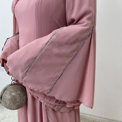 Elegant Chiffon Abaya Set with Hijab | Round Neck Bell Sleeve Maxi Dress with Rhinestone Trim (MA325)
