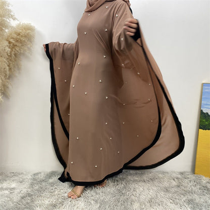 Elegant Chiffon Abaya With Batwing Sleeve | Loose Robe Abaya With Pearl Embellishments (MA183)
