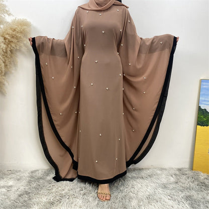 Elegant Chiffon Abaya With Batwing Sleeve | Loose Robe Abaya With Pearl Embellishments (MA183)
