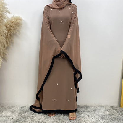 Elegant Chiffon Abaya With Batwing Sleeve | Loose Robe Abaya With Pearl Embellishments (MA183)