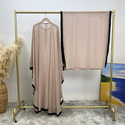 Elegant Chiffon Abaya With Batwing Sleeve | Loose Robe Abaya With Pearl Embellishments (MA183)