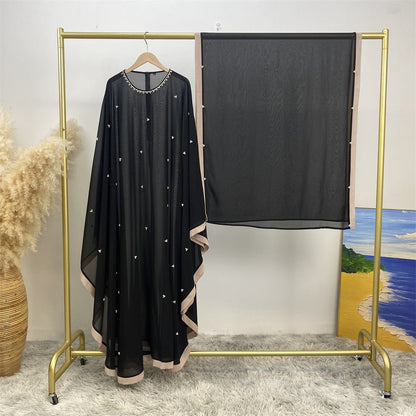 Elegant Chiffon Abaya With Batwing Sleeve | Loose Robe Abaya With Pearl Embellishments (MA183)