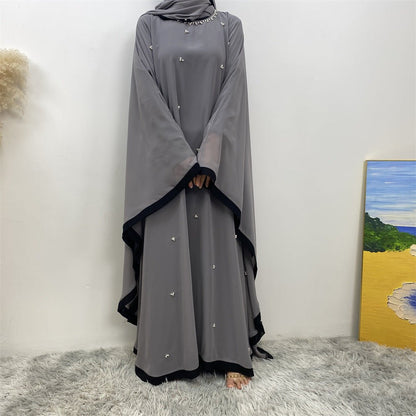 Elegant Chiffon Abaya With Batwing Sleeve | Loose Robe Abaya With Pearl Embellishments (MA183)