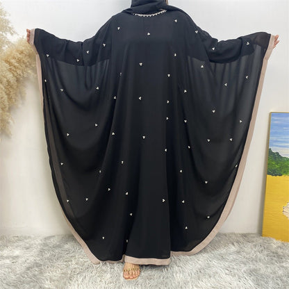 Elegant Chiffon Abaya With Batwing Sleeve | Loose Robe Abaya With Pearl Embellishments (MA183)