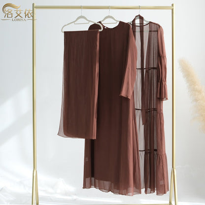Elegant Chiffon Wrinkle Abaya | Three-Piece Set Modest Muslim Chiffon Abaya (MOA155)