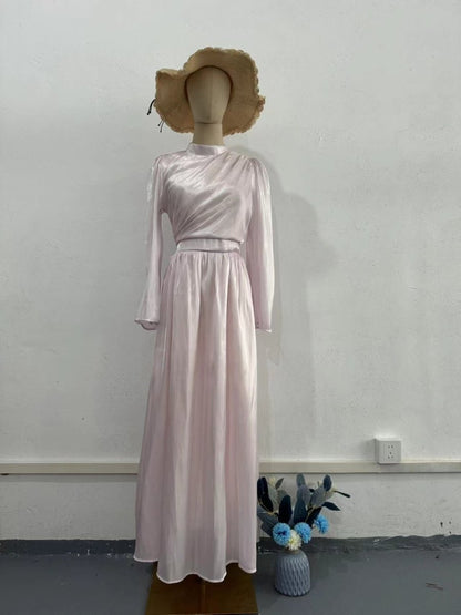 Elegant French Waist Pleated Half-Turtleneck Flared Sleeve Dresses Abaya Wedding Guest Gown (MA199)