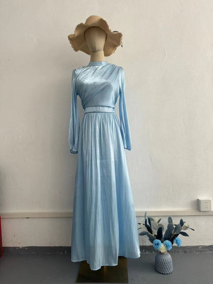 Elegant French Waist Pleated Half-Turtleneck Flared Sleeve Dresses Abaya Wedding Guest Gown (MA199)