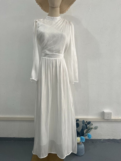 Elegant French Waist Pleated Half-Turtleneck Flared Sleeve Dresses Abaya Wedding Guest Gown (MA199)