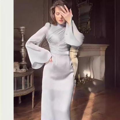 Elegant Half-Turtleneck Flared Sleeve French Pleated Dress Abaya (MA198)