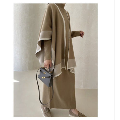 Elegant Knit Shawl & Half-Turtleneck Maxi Dress Set | Two-Piece Modest Outfit(MS117)