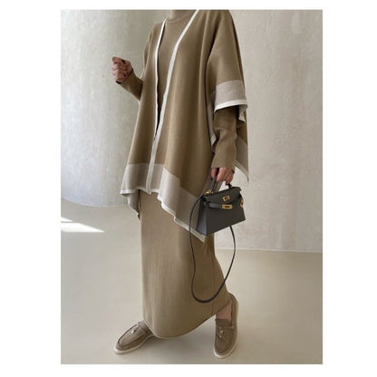 Elegant Knit Shawl & Half-Turtleneck Maxi Dress Set | Two-Piece Modest Outfit(MS117)