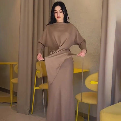 Elegant Long Sleeve Taupe Satin Cross-Lace Waist Skirt Two-Piece Abaya Outfit(MA208)