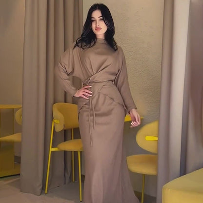 Elegant Long Sleeve Taupe Satin Cross-Lace Waist Skirt Two-Piece Abaya Outfit(MA208)