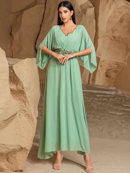 Elegant Mint Green V-Neck Swing Flowy A-Line Maxi Dress with Bell Sleeves & Embellished Belt Abaya (MA189)