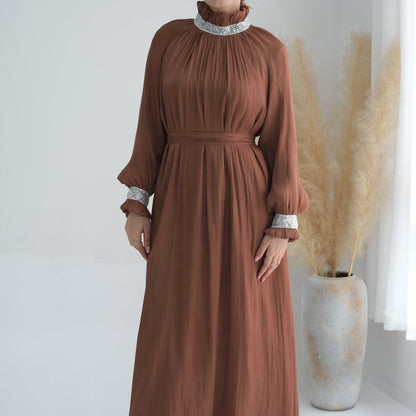 Elegant Modest Long Sleeve High-Neck Lace-Up Solid Color Dress Abaya (MA213)