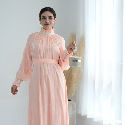 Elegant Modest Long Sleeve High-Neck Lace-Up Solid Color Dress Abaya (MA213)