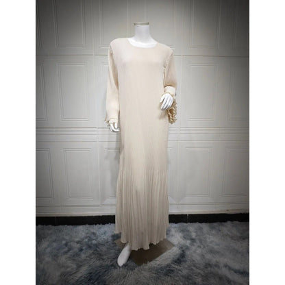 Elegant Muslim Women's Pleated Chiffon Pullover Robe Dress Modest Solid Color Abaya with Flared Sleeves (MA176)