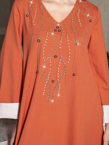 Elegant Orange V-Neck Loose Hand-Sewn Diamond & Pearl Embellished Long Dress with Contrast Cuffs Abaya (MA191)