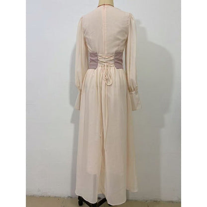 Elegant Pearl-Accented Bubble Sleeve Dress with Spliced Waist(MA297)