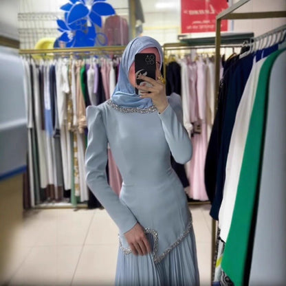 Elegant Pleated Abaya Dress with Diamond Embellished Collar & Waist | Modest Muslim Maxi Dress with Back Strap Detail(MA294)