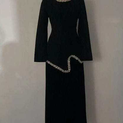 Elegant Pleated Abaya Dress with Diamond Embellished Collar & Waist | Modest Muslim Maxi Dress with Back Strap Detail(MA294)