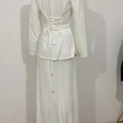 Elegant Pleated Abaya Dress with Diamond Embellished Collar & Waist | Modest Muslim Maxi Dress with Back Strap Detail(MA294)