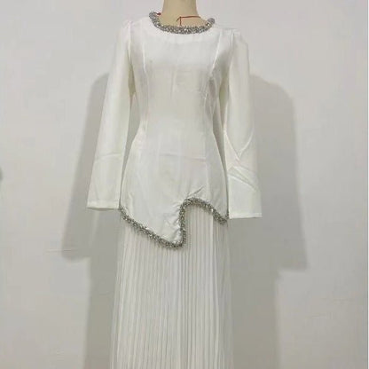 Elegant Pleated Abaya Dress with Diamond Embellished Collar & Waist | Modest Muslim Maxi Dress with Back Strap Detail(MA294)