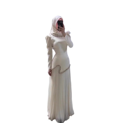 Elegant Pleated Abaya Dress with Diamond Embellished Collar & Waist | Modest Muslim Maxi Dress with Back Strap Detail(MA294)